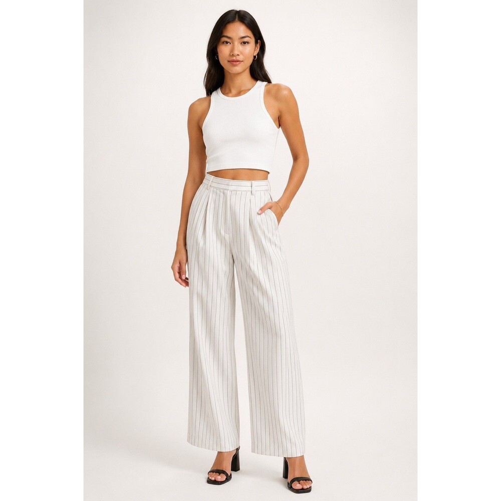 Steve Madden Rumi Pinstripe High Rise Wide Leg Pleated Trouser Pants Cream S NEW